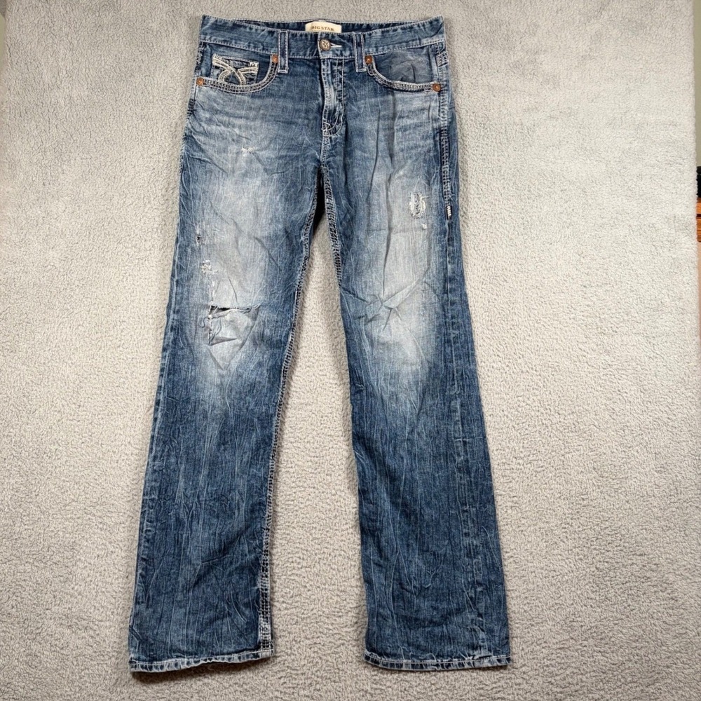 Big Star Pioneer Boot Jeans Mens 33L Distressed‎ Blue Wash Denim